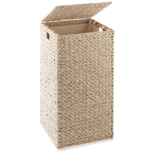 Casafield Laundry Hamper with Lid and Removable Liner Bag - Whitewash White, Woven Water Hyacinth Square Laundry Basket for Clothes