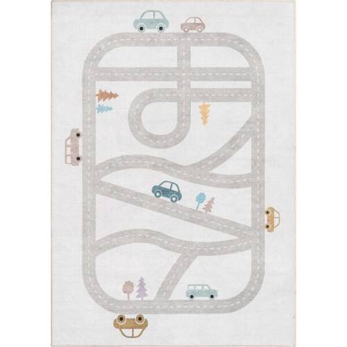 Playful Roads Modern Kids Grey 5 ft. x 7 ft. Machine Washable Flat-Weave Area Rug