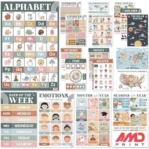 AMD PRINT 18 Modern Boho Educational Posters -Educational Posters for Preschoolers - Laminated Pre-K and Kindergarten Learning Poster Charts for Toddlers 1-3-5