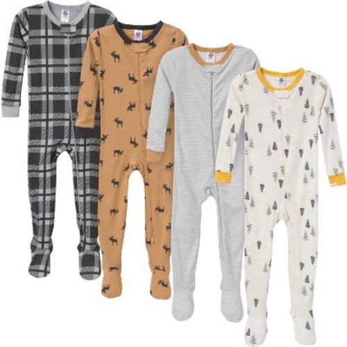Gerber Baby Boys' Snug Fit Footed Pajamas, 4-Pack, Moose, 0-3 months