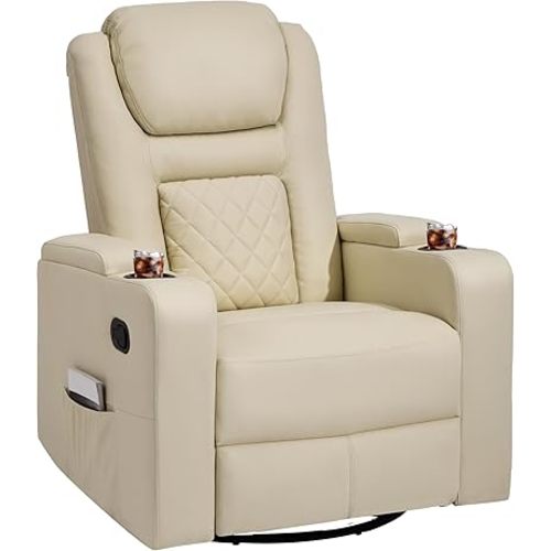 YITAHOME Swivel Rocking Recliner with Massage and Heat, Hidden Arm Storage, Faux Leather Rocker Recliner Chairs with Cup Holders, Comfy Home Theater Seating, Manual Recliner for Living Room, Beige2