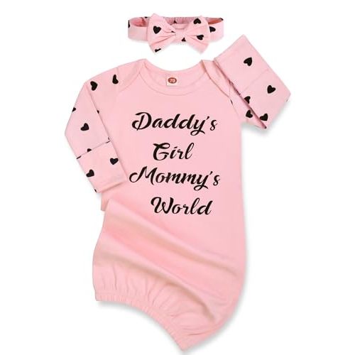 Mikccer Newborn Baby Girl Gown 0-6 Months, Baby Girl Nightgowns, Babies Girls Gift, Little Sister Newborn Outfit and Coming Home Outfits with Headband Set Pink