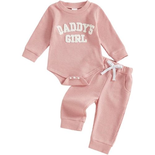 allshope Newborn Baby Girl Fall Outfit Romper Long Sleeve Letter Embroidery Jumpsuit Bodysuit Pants Infant Waffle Clothes Set