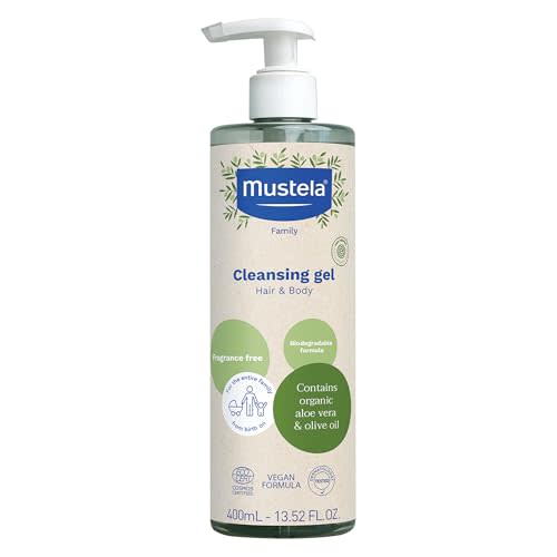 Mustela Certified Organic Cleansing Gel - Natural Hair & Body Wash with Olive Oil & Aloe Vera - For Baby, Kid & Adult - Fragrance Free, Tear Free, Vegan & Biodegradable - 13.52 fl. oz.