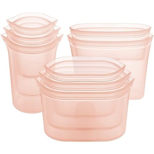 Zip Top Reusable Food Storage Bags | Full Set of 8 [Peach] | Silicone Meal Prep Container | Microwave, Dishwasher and Freezer Safe | Made in the USA