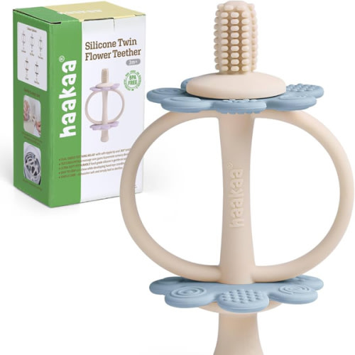 haakaa Silicone Baby Teether Toys,Nipple-Shaped End for Gum Massage,360° Baby Toothbrush Head for Self-Brushing Training,Easy to Grip - Sky Blue