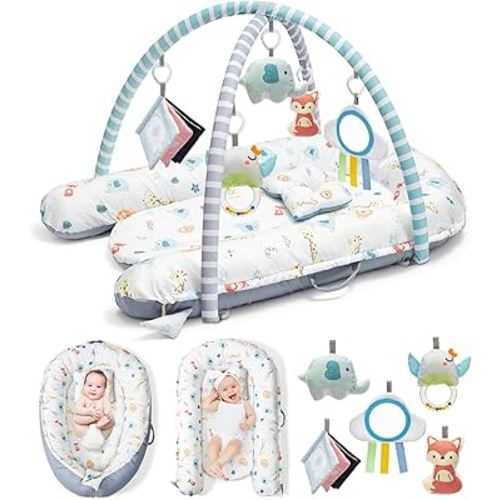 Baby Play Mat, 7-in-1 Tummy Time Activity Gym Mat, Washable Baby Lounger Nest, Portable Floor Seat for Home & Travel, Baby Essentials Gift for Infant Newborn 0-6-12-18 Months