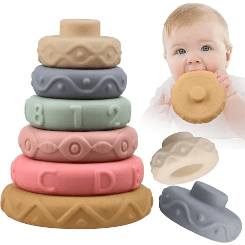 6 Pcs Stacking Rings Soft Toys for Babies Newborn 0 3 4 5 6 12 18 Months 1 Year Old Girls Boys - Toddler Sensory Educational Montessori Baby Blocks - Infant Development Teething Learning Tower
