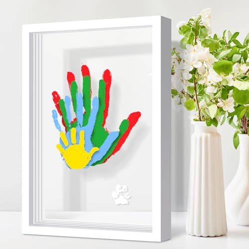 Omrhvi Family Handprint Kit, Hand Prints Keepsake Frame, DIY Craft Gift for New Parents & Mom & Baby, Grandparents, Mother's Day, Father's Day, Adoption Day, Anniversary, 6 Non -Toxic Paints (White)
