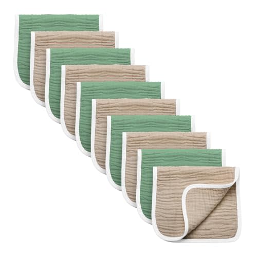 Synrroe Burp Cloths Large, Muslin Burp Cloths for Baby Girls and Boys, Pack of 10 Extra Absorbent and Soft Muslin Bibs, 6 Layers 20 by 10 Inches 100% Cotton (Brown-Green 10 Pack)