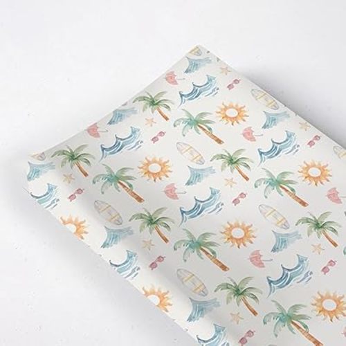 Summer Beach Theme Palm Tree Starfish Sun Pattern Baby Changing Pad Cover, Unisex Beach Ocean Theme Nursery Diaper Changing Table Pad Mat Sheet for Boys Girls-16x32