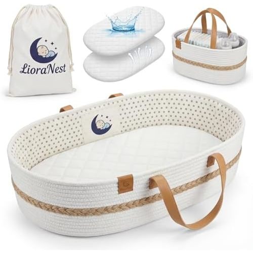 Baby Changing Basket for Dresser with Waterproof Changing Pad, Organic Cotton Rope Diaper Changing Basket Set with Diaper Caddy, Moses Basket Style Nursery Changing Basket for Changing Table