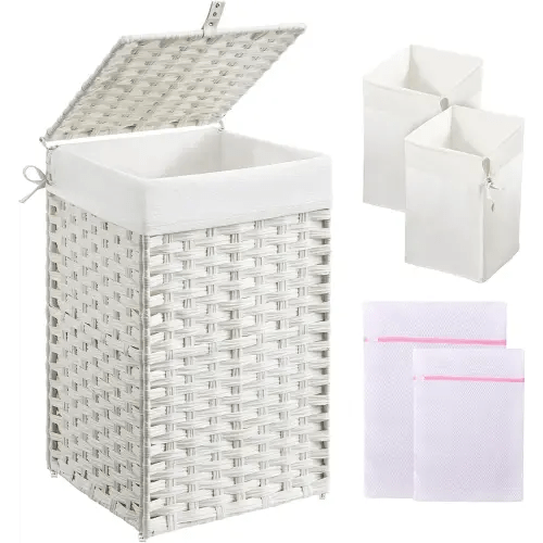 Greenstell Laundry Hamper with Lid, 60L Clothes Hamper with 2 Removable Liner Bags & 2 Mesh Bags, Handwoven Synthetic Rattan Basket, Toys in Bathroom, Bedroom White
