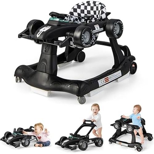 GLACER Foldable Baby Walker, 4-in-1 Infant Walker with Adjustable Height & Speed, Music, Light, Steering Wheel & Washable Cushion, Baby Walker Activity Center for Boys Girls 6 –18 Months (Black)