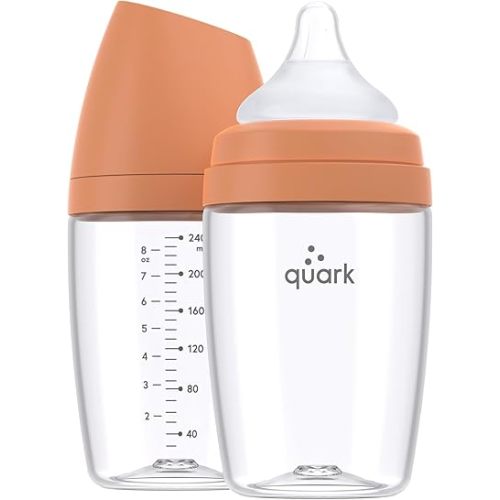 BuubiBottle Max Slow Flow Bottle for Newborn Babies by Quark - with Anti-Colic RealFeel Nipple to Simulate Breastfeeding - BPA-Free, PVC-Free, Toxin-Free - 8 Oz Bottle with Lid, 2 Pack - Orange