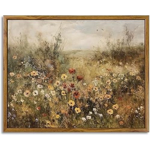 Framed Canvas Wall Art Vintage Decor, Vintage Painting Wall Art Prints, Landscape Wall Art for Living Room Decor Bedroom Home Bathroom Wall Decor (Wildflower Meadow at Dusk)