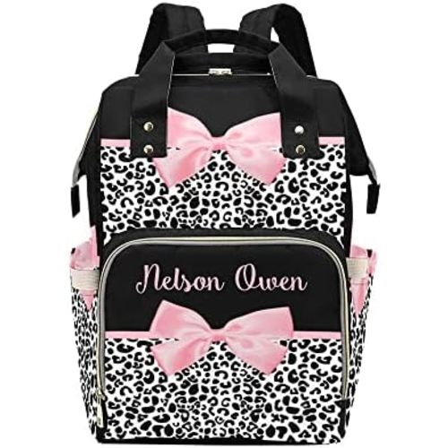 Pink Bow Leopard Print Personalized Diaper Backpack with Name,Custom Travel DayPack for Nappy Mommy Nursing Baby Bag One Size
