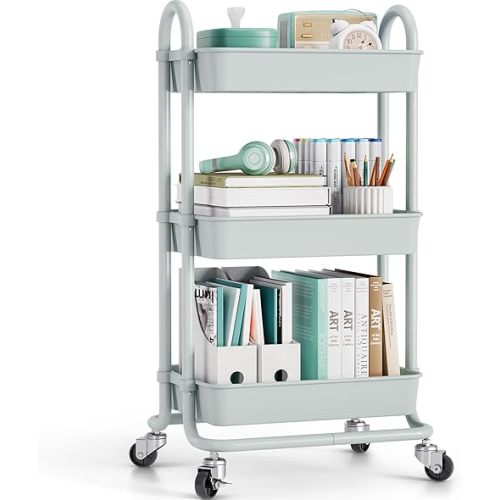 TOOLF 3-Tier Utility Rolling Cart with Lockable Wheels, Rolling Storage Trolley with Handles and Leaf-Shaped Hollow Design – Perfect for Organizing Home, Kitchen, and Office Essentials (Light Green)