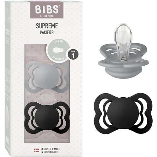 BIBS Supreme Baby Pacifier 2-Pack | Made in Denmark | BPA Free Dummy Soother, Symmetrical Nipple. Silicone, Size 1 (0-6 Months), Cloud/Black