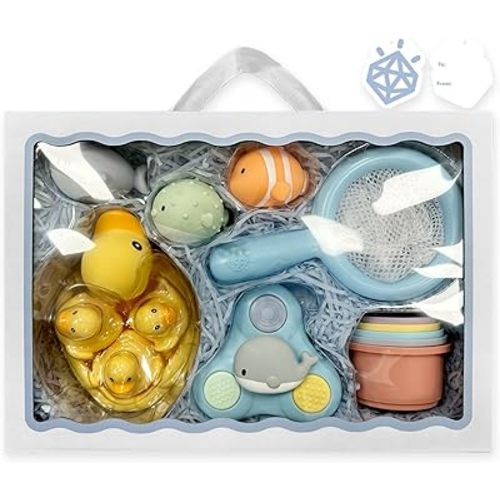 Jool Baby Bathtub Toys Gift Set – Bath Squirts, Rubber Ducks, Whale Fidget Spinner Toy - Bathtub Storage Bag Included (15 pc)