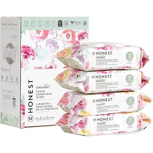 The Honest Company Clean Conscious Unscented Wipes | Over 99% Water, Compostable, Plant-Based, Baby Wipes | Hypoallergenic for Sensitive Skin, EWG Verified | Rose Blossom, 288 Count
