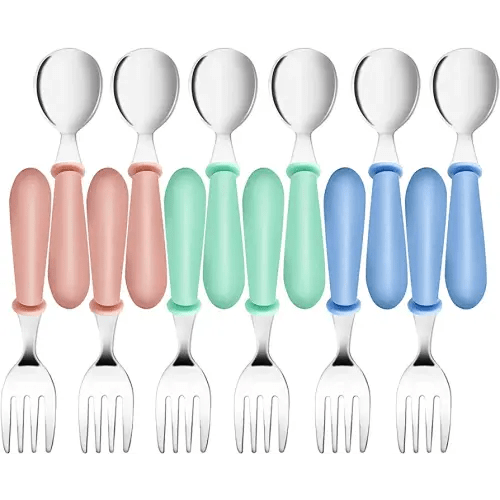 12PCS Toddler Forks & Spoons,Stainless Steel Baby Utensils,Kids Silverware Children's Cutlery Set for Self Feeding,BPA Free Metal Toddler Flatware with Handle for Boys Girls(Mixcolor 6 Spoons 6 Forks)