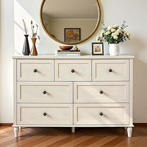 White Dresser for Bedroom, 7 Drawer Dresser, Wooden Chest of Drawers with Wide Drawers,47" Long Dressers TV Stand, Modern Storage Cabinet with 7 Drawers for Living Room, Hallway