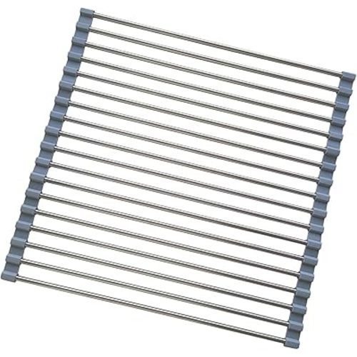 Roll Up Dish Drying Rack, Stainless Steel and Silicone Dish Drying Mat Over The Sink Foldable Drain Rack Multipurpose Dish Drainer for Kitchen, 14.5” x 14”, Gray