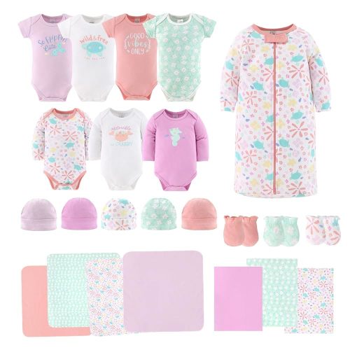 The Peanutshell Baby Layette Gift Set for Girls - 23 Piece New Born Girl Gift Set, Baby Clothes & Newborn Essentials Must Haves - Newborn Clothes 0-3 Months - Ocean Flower