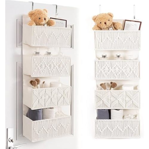 ANTIS'S HOME Nursery Over The Door Organizer Boho Decor Nursery Storage with 4 Large Woven Pockets, Macrame Nursery Organizers and Toys Storage, Behind Door for Bathroom, Bedroom