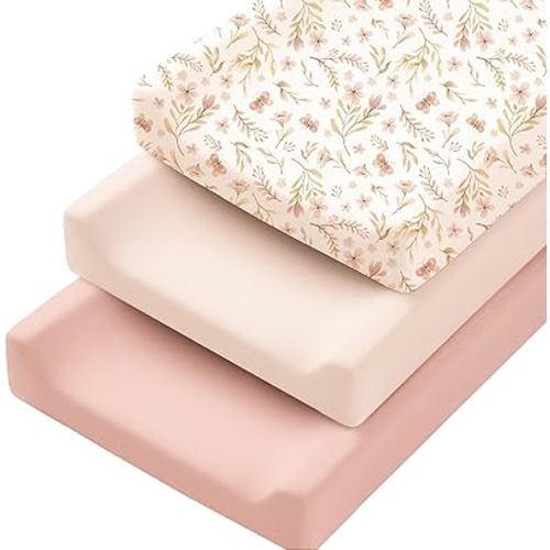 Konssy 3 Pack Stretchy Changing Pad Covers for Girl, Boy, Silky Soft Changing Table Cover, Breathable Baby Nursery Diaper Chang Pad Sheets (Pink Spring)