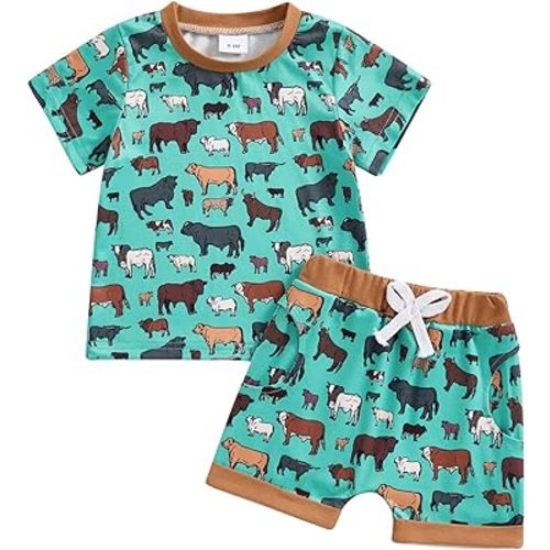 Gueuusu Western Baby Boy Summer Clothes Cow Print Short Sleeve T-Shirt Casual Jogger Shorts Toddler Cowboy Outfit