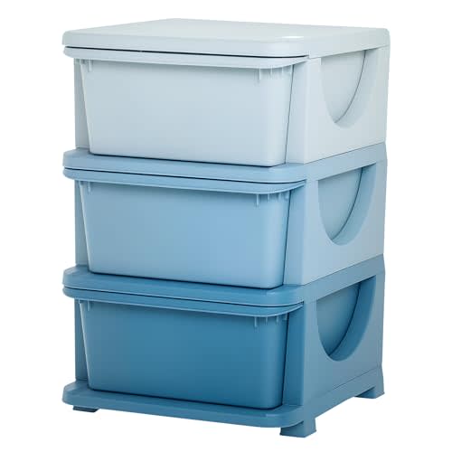 Qaba 3 Tier Kids Storage Unit, 3 Drawer Chest Toy Organizer Plastic Bins for Kids Bedroom Nursery Kindergarten Living Room for Boys Girls Toddlers, Blue