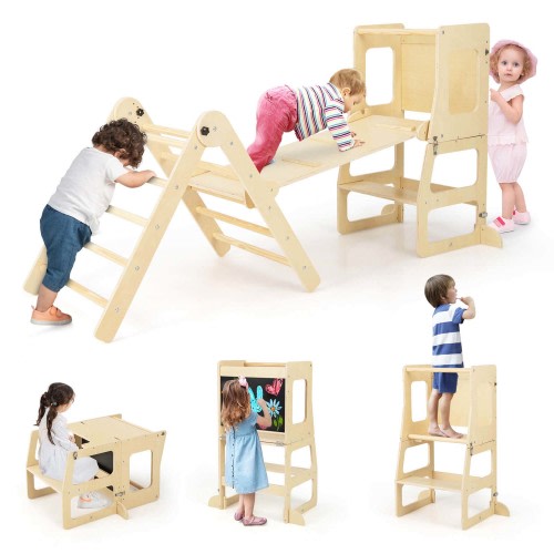 Costway 7-in-1 Toddler Climbing Toy Set with Reversible Ramp Convertible Step Stool Natural