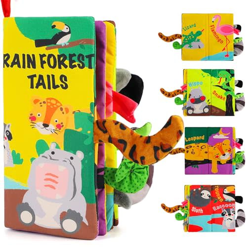 beiens Baby Books Toys, Touch and Feel Crinkle Cloth Books for Babies, Infants & Toddler, Early Development Interactive Car & Stroller Soft Toys for Boys & Girls (Rainforest Tails-1 Book)