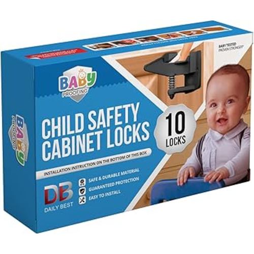 Cabinet Locks for Babies - Child Safety Latches 10 Pack - Invisible Adhesive Baby Proofing Drawer Locks - Works with Most Cabinets and Drawers - No Drilling Installation - (Black)