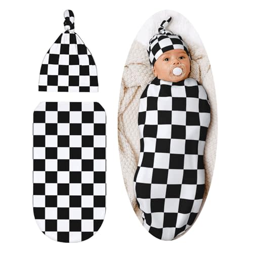 Black and White Checkered Baby Stuff Swaddle Blanket Soft and Stretchy Newborn Swaddle Blankets Sack Receiving Blanket with Beanie Hat Gift for Girls and Boys Infant