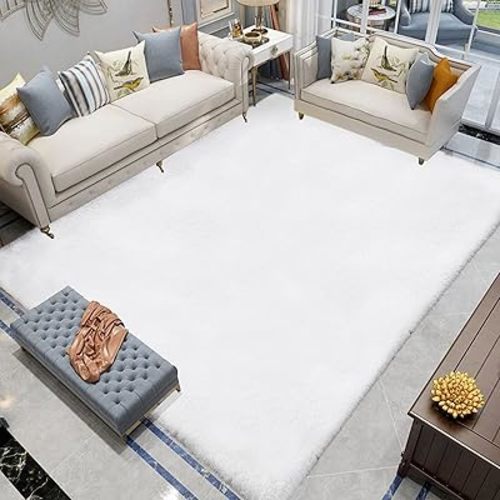 Latepis White Fluffy Rug Faux Fur Rug 6x9 Rug Machine Washable Area Rugs Faux Rabbit Fur Rug Large Plush Shag Rug for Living Room Bedroom Nursery Rug Home Decor