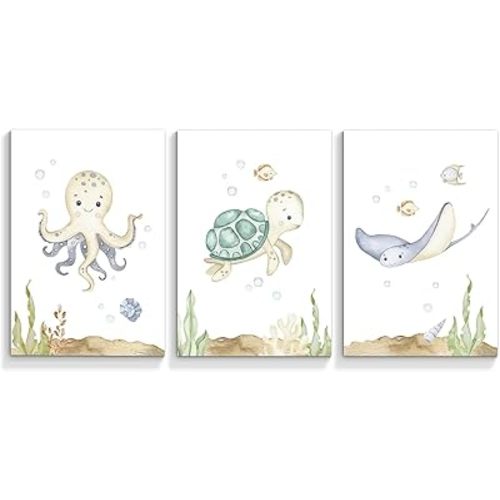 Wodkwq Nursery Wall Art Sea Animal Canvas Prints Baby Girl Boy Room Decor Watercolor Paintings Pictures Cute Ocean Theme Toddler Room Decoration Set of 3 for Kids Bedroom Bathroom 12x16in Unframed