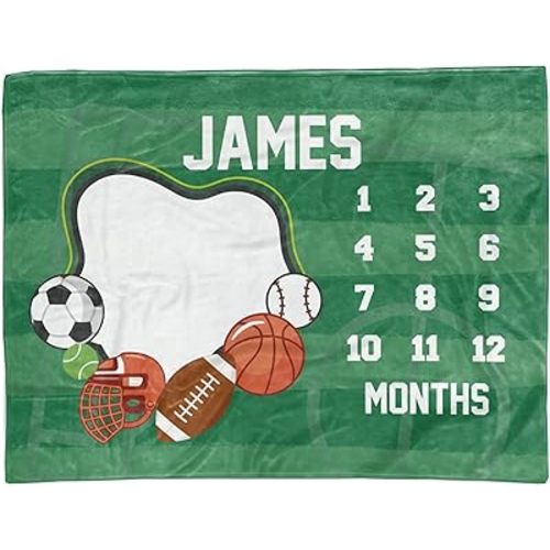 TEEAMORE Custom Baby Monthly Milestone Throw Blanket Sports Ball Design Add Your Text Baby Girl Boy Age Photo Reveal Months Shower Blanket (30X40) Graphic-6