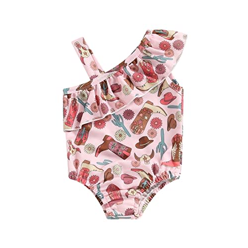 Western Toddler Baby Girl Swimsuit Cow Print Swimwear Ruffle One Piece Bathing Suit Cute Cowgirl Set