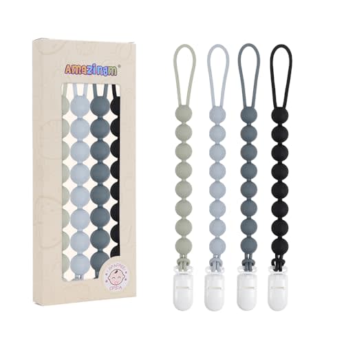 One Piece Design Silicone Pacifier Clip Holder for Baby Boys and Girls,Flexible Pacifier Leashes,Soft Teether Clip for Newborns,4-Pack. (Gray,Black)