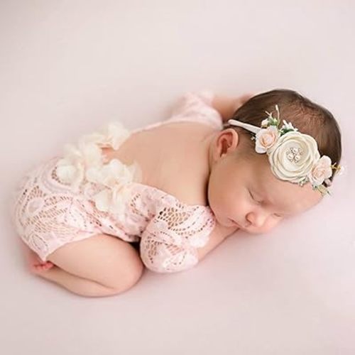 Newborn Photography Props Baby Girl Floral Headbands Cute Infant Lace Romper Outfit Photo Prop Pink