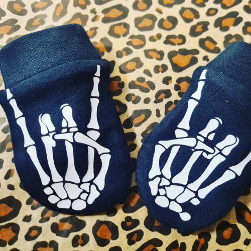 Skeleton Rock Hand Gothic Mittens Newborn Baby present alt tattoo baby goth rock punk metalhead emo alternative black/white/blue