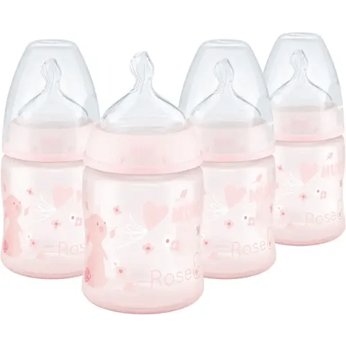 NUK Smooth Flow Anti Colic Baby Bottle, 5 oz, 4 Pack, Pink Bunnies,4 Count (Pack of 1)
