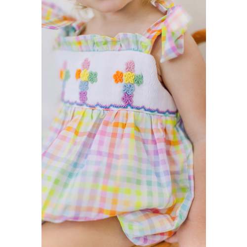 Rainbow Floral Cross Smocked Bubble I Poppy Kids Co