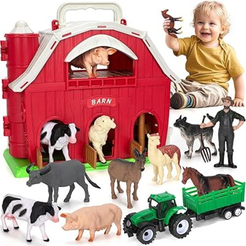 Farm Animals Toys for 1 2 3 4 5 Year Old Toddlers Girls Boys, Big Red Barn Farm Playset with Figures Animals and Tractor Toys for Kids 3-5, Educational Learning Toys, Christmas Birthday Easter Gifts
