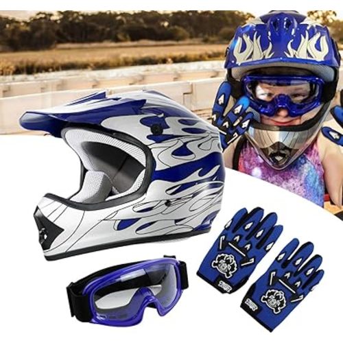 TCT-MOTORPARTS Youth Helmet+Goggles+Gloves DOT Blue Flame Kids Dirt Bike Helmet ATV Motocross Off-Road Riding Small