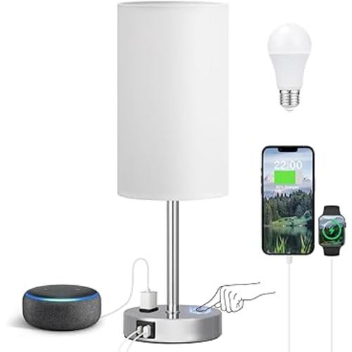 Touch Bedside Lamp - White, 3-Way Dimmable, USB A + C Charging, AC Outlet, 17.4inch Medium