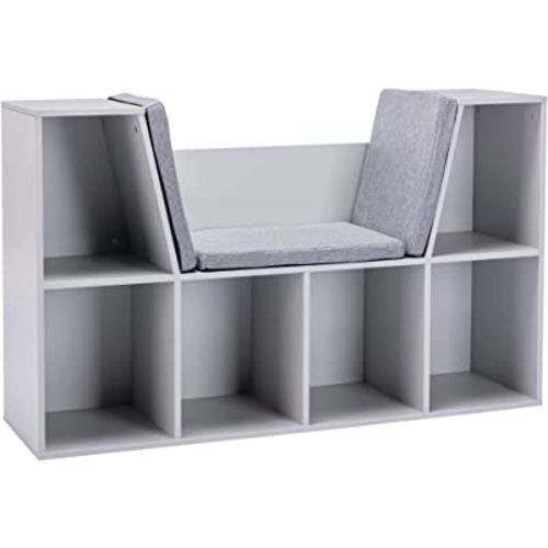 HOMCOM 6-Cubby Kids Bookcase with Reading Nook and Cushion, Multi-Purpose Storage Organizer for Bedroom, Living Room, Grey